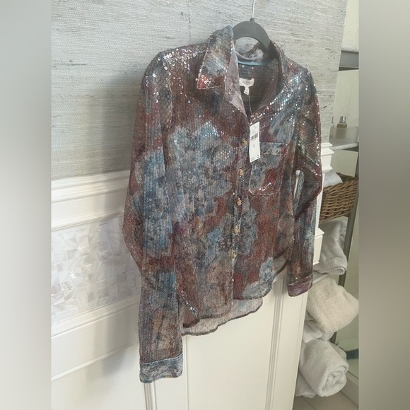 NWT new Anthropologie pilcro shrunken sequin button down shirt multi color XS - Picture 10 of 17